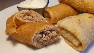 Блины на воде с мясной начинкой, заварное тесто.