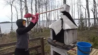 Our island: First time laying tiles, caught perch and broke the barbecue.