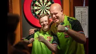 MICHAEL VAN GERWEN plays darts with best DOWNSYDROME darter Sjors Kwinten
