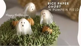 Cutest Rice Paper Ghosts in Buttercream Pumpkin Field, Spooky Halloween cake, Rice paper Tutorial