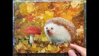 Hedgehog in the autumn forest Oil painting Vugar Mamedov
