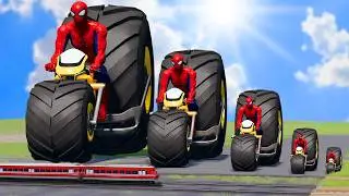 Big & Small Spiderman on a Monster Truck motorcycle vs Thomas Train | BeamNG.Drive