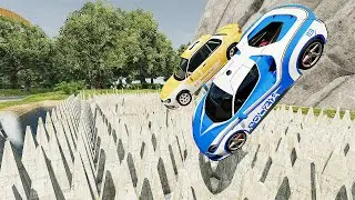 Cars Vs Long Spear Trap - High Fall Epic Realistic Crash / BeamNG Drive