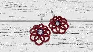 Needle tatting. Red earrings with blue beads / Фриволите иглой. Красные серьги с синим бисером