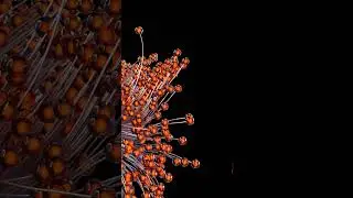 3D animation, a close up of bunches of glass balls hanging off aluminum stems. 