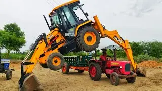 JCP and Tractor Videos | JCB stunt with Swaraj 744 FE stuck fully loaded trolley pulling | CFV