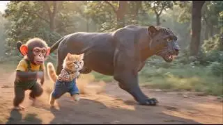 Monkey and Cat Farmers Run from Giant Black Panther