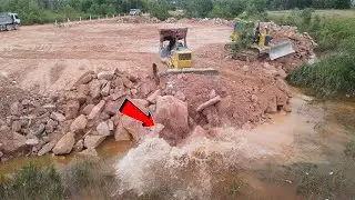 Powerful Skill And Technique KOMATSU DOZERS Push Most Stone To Filling Up Flood Area With Dump Truck