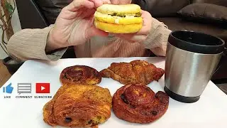 CHEESE EGG SAUSAGE MCMUFFIN, CHOCOLATE PISTACHIO RAISIN PASTRIES BREAKFAST ASMR MUKBANG