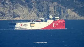 Turkish R/V Oruc Reis, Ataman and P344 TCG Ruzgar southbound Chios Strait in east Aegean Sea.