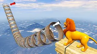 Crazy Cow & Lion King & Horse Jumping Parkour Inside PIPE Ramp #12 - GTA V Mods