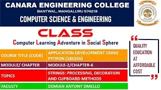 VTU ADP (18CS55) Python Programming: Manipulating Strings [Decorating & Clipboard Methods] (M2 L9)