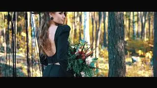 "Lia" fit Flare Skirt & Crop Top with Open Back, 2021 Black Crepe Wedding Dress with Puff Sleeves