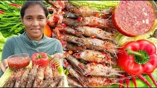 #Nika vegetables eating/ #mukbang raw shrimp🦐and vegetables with chili 🌶sauce recipe eating #tiktok