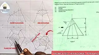 How To Draw The Plan, Front View, End View And Auxiliary View Of A Truncated Hexagonal Pyramid