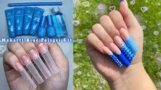 TRYING THE MAKARTT BLUE POLYGEL KIT💙 LONG FRENCH TIP NAILS + DOTTED NAIL ART | Polygel Nail Tutorial
