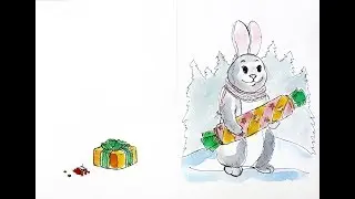 Как нарисовать открытку. Зайчик с подарком. Акварель