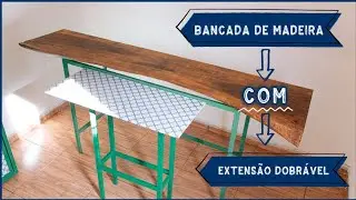 Bancada feita com tora de madeira e metalon