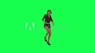 Young woman walking in high heels while bees are bothering her from left angle on green screen