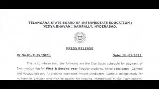 TS Board of intermediate Edn.  Exam Fee Dates of 1ST YEAR and  2nd Year -2021.