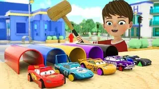 Learn Colors Shape Mcqueen appear from Tunel. Mack Truck Rainbow Soccer Ball for Kids Children