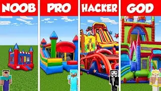 Minecraft Battle: NOOB vs PRO vs HACKER vs GOD: BOUNCY CASTLE HOUSE BASE BUILD CHALLENGE / Animation
