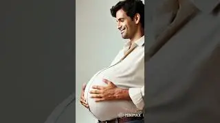 Pregnant handsome muscular middle aged man with so much big belly like having triplets 