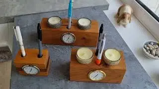 Handmade Reclaimed Oak Table Desk Quartz Clock Candles Pen Holder Paperweight Desk Tidy