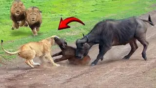 Mother buffalo defends her baby from the claws of a lion!