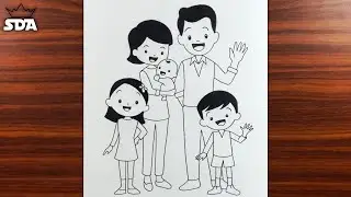 Family drawing easy | how to draw simple family | family with 5 members | family easy drawings