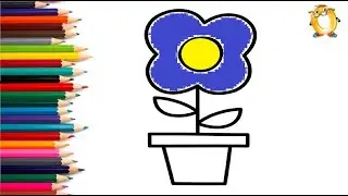 How to draw a flower in a pot. Coloring page/Drawing and painting for kids. Learn colors.