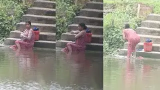 Village boudi outdoor bathing in pond 