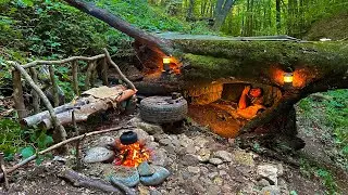 Bushcraft SURVIVAL Shelter; Building a Natural Dugout inside Big Tree. Fish Cooking. ASMR Camping