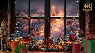 Christmas Window Scene with Holiday Music and Cracking Fire Ambience | 4K 🎅🎄❄️