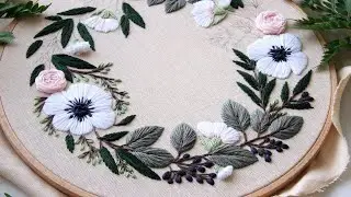 Anemones and Eucalyptus. Floral wreath. Embroidery for beginners