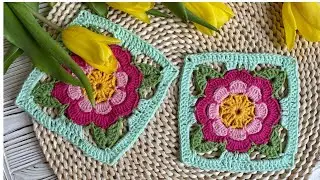 Красивый цветок в квадрате крючком 🌺 Мотив крючком для начинающих. Подробный МК. Crochet pattern