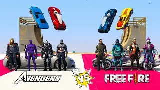 GTA X FREEFIRE: AVENGERS ARMY VS FREEFIRE ARMY ULTRA MEGA RAMP JUMP CHALLENGE WITH SHINCHAN