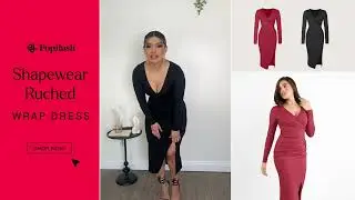 Built-In Shapewear V-Neck Ruched Long Sleeve Wrap Slimming Midi Dress for Parties and Holidays