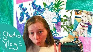 STUDIO VLOG | so much art!! painting with colored ink and gouache! plants, puppies & pelicans