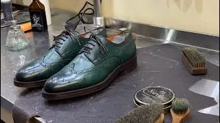 Cleaning & Shoe Shine Santoni Green Derby. [ASMR] Relax Video.