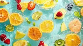 abstract fresh background pieces slices of different fruits top view floating in water