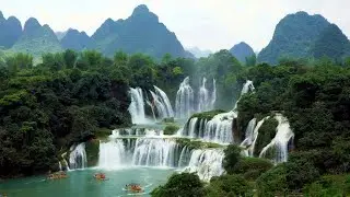Beautiful Detian Waterfall in China Relaxing Music and Birds Sound