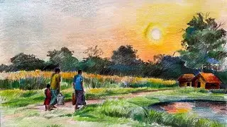 Scenery Drawing | How to Draw Beautiful Village Sunset Scenery | Bazar theke ferar Drishya |