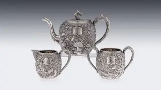 ANTIQUE 19thC CHINESE SOLID SILVER CHERRY BLOSSOM TEA SET, WANG HING c.1890
