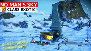 Crashed Blue/Gold S-Class Exotic Ship in No Man's Sky
