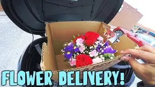 Delivering flowers on a motorcycle