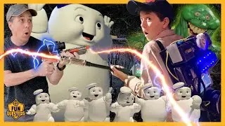 Giant Stay Puft Marshmallow Man & Slimer from Ghostbusters Frozen Empire vs FunQuesters Aaron & LB!
