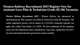 Western Railway Recruitment 2019 ALP & Technician Grade III 306 Posts