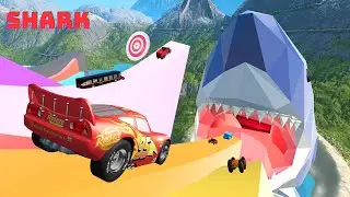 Cars Lightning Mcqueen vs MEGA Ramp Into Giant SHARK || BeamNG Drive