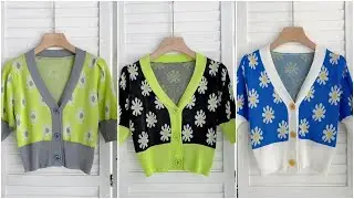 Floral Daisy Print Knitted Women's Cardigan Half Sleeve V-neck Single Breasted Tops Casual Kawaii